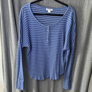 Billabong Blue and White Striped Long Sleeve waffle Henley Top
